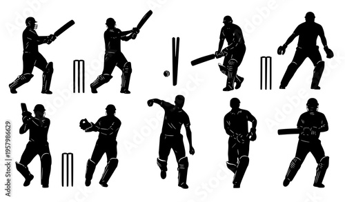 Vector set of cricket player silhouettes batsmen bowlers and cricket elements isolated on white background