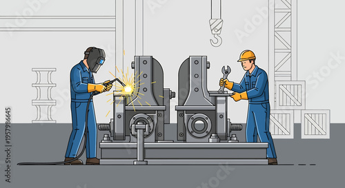 Two workers in industrial setting.