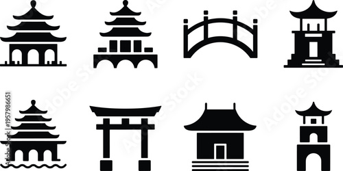 Asian architecture icon set, pagoda, torii gate, bridge, temple silhouettes, traditional landmarks, black and white vector illustration collection design