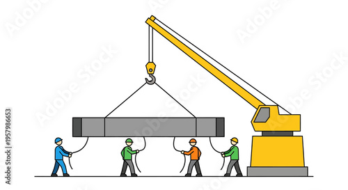 Workers moving heavy concrete construction beam.