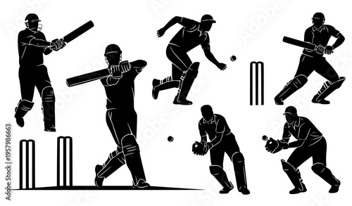 Cricket player silhouettes action set batsman bowler fielder vector illustration isolated on white background