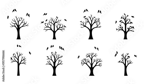 Minimal tree silhouette vector set abstract forest canopy design with birds isolated on white background