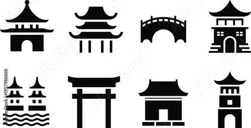 Asian architecture icons set, pagoda, temple, torii gate, bridge silhouettes, traditional buildings, black and white vector illustration collection design