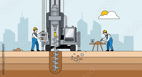 Workers operating large drilling machine.