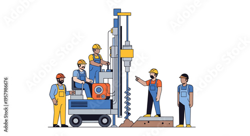 Workers operating large drilling machine equipment.