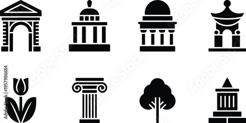Classic architecture icons set, arch, dome buildings, columns, monument, botanical elements, black and white vector illustration silhouette collection design