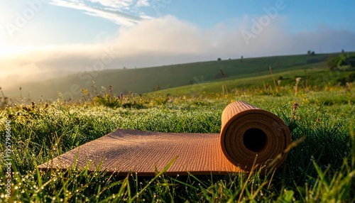 Natural rubber yoga mat partially unrolled on dew-covered green grass in a misty mountain landscape