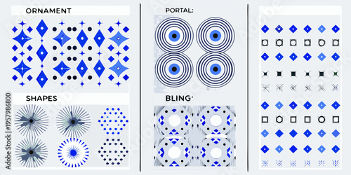 Abstract geometric patterns with blue and grayscale color schemes displayed
