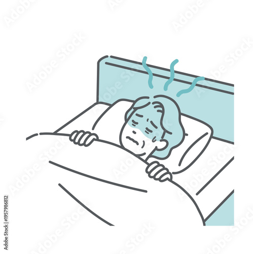 体調不良で寝汗をかいて寝苦しいシニア女性のイラスト（発熱・室内熱中症）