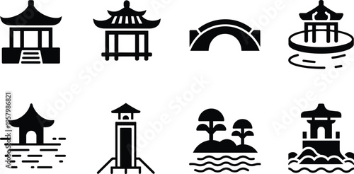 Japanese landscape icons set, pagoda, bridge, pavilion, water, island trees, traditional scenery, black and white vector illustration design collection