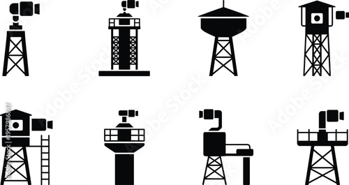 Surveillance watchtower icons set, security cameras, guard towers, monitoring systems, industrial structures, black and white vector illustration silhouette collection design