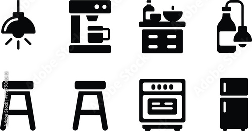 Kitchen home icons set, coffee machine, stove, refrigerator, lamp, furniture, household appliances, black and white vector illustration collection design