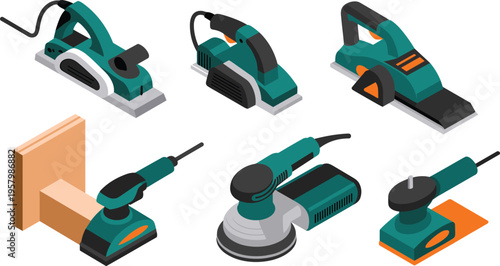 Woodworking power tools set, electric planer, sander, drill, carpentry equipment, isometric vector illustration, workshop tools collection design