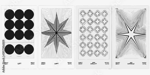 Four abstract black and white geometric prints arranged in a grid pattern