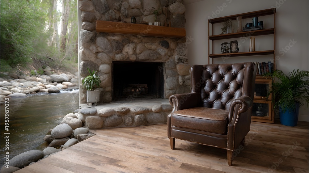 Fototapeta premium Cozy rustic living room with stone fireplace and view of a serene creek