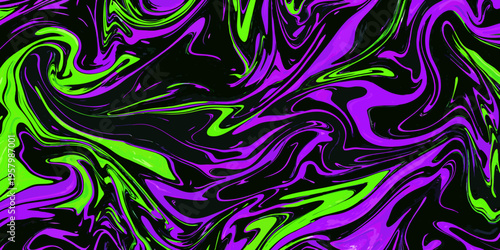 Abstract fluid art with swirling neon green and purple hues