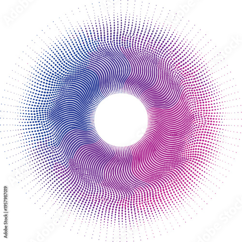 Abstract dotted circular gradient design, colorful wave pattern artwork, hypnotic symmetry illustration, digital art background, blue pink dynamic composition