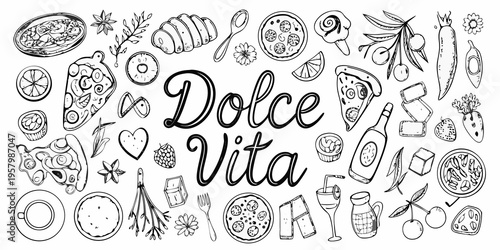 Hand drawn illustration of various desserts fruits and italian food items