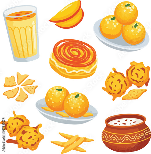 Traditional Indian Holi Festival Snacks and Sweets Illustration Set with Laddu, Jalebi, Thandai, and Pakora on White Background