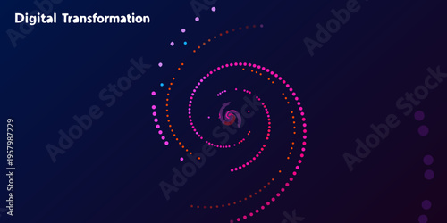 Digital transformation concept with a spiral of glowing purple and orange dots