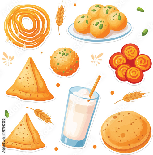 Indian Street Food and Sweets Illustration Set for Holi and Ramadan Festival Celebration