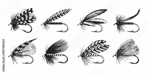 An assortment of intricately designed fishing flies on a white background