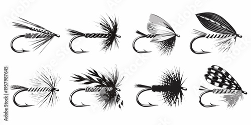 Collection of detailed fishing flies with hooks displayed in a grid