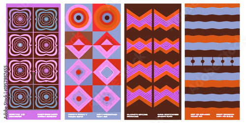 Four vibrant vertically oriented panels with repeating geometric patterns