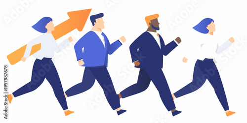 Diverse team of professionals confidently rushing forward towards success