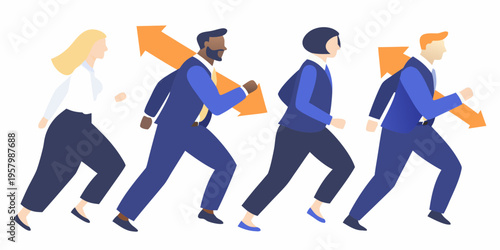 Diverse business team walking forward with directional arrows above them