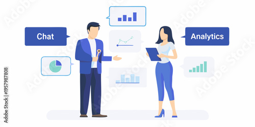 Business professionals discuss data analytics and communication strategies in an office setting