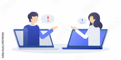 People communicating via video call with laptops and speech bubbles