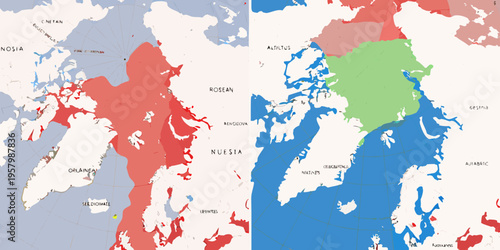 Two stylized maps displaying regions with distinct color coded territories