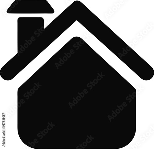 A minimalist black and white graphic icon representing a simple house with a chimney on the roof