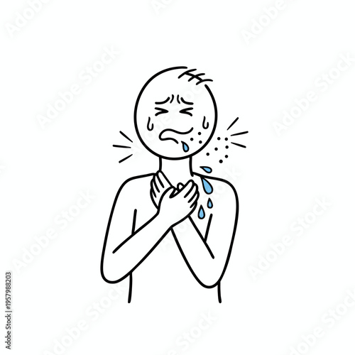 Outlined person clutching chest while coughing with blue droplets and particles representing respiratory illness symptoms