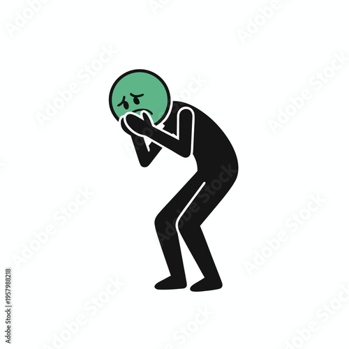 Nauseous stick figure silhouette with green face covering mouth representing sickness or vomiting