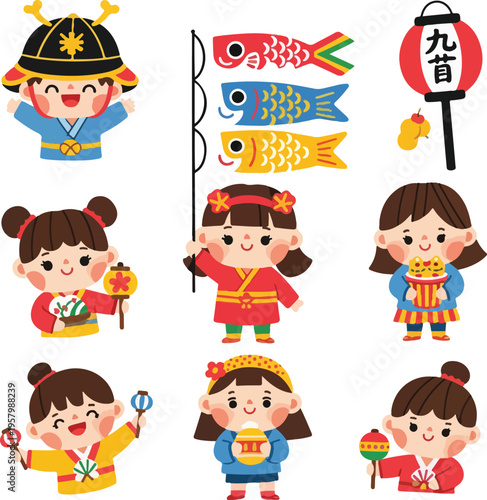 Japanese Children Festival Concept Illustration with Koinobori Streamers and Cute Kids in Kimono