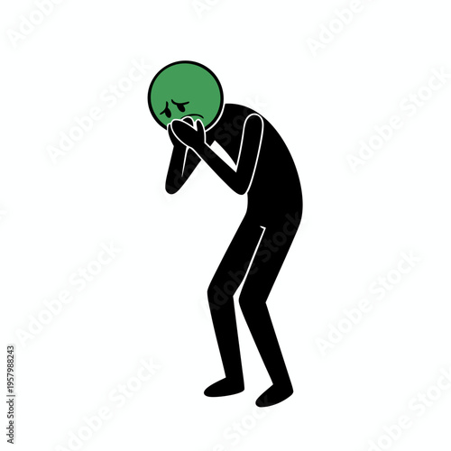 Nauseous black silhouette character with green head covering mouth representing food poisoning or dizziness