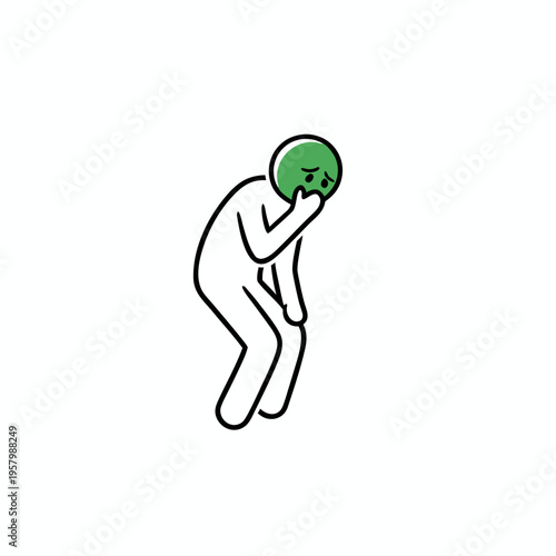 Outlined nauseous stick figure with green face covering mouth depicting sickness and vomiting