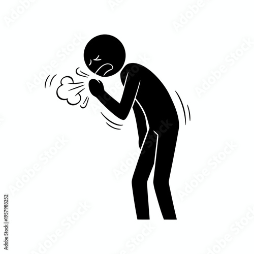 Minimalist silhouette of a bent stickman coughing into fist depicting respiratory infection symptoms