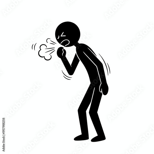 Black stickman silhouette coughing into hand representing illness and respiratory symptoms