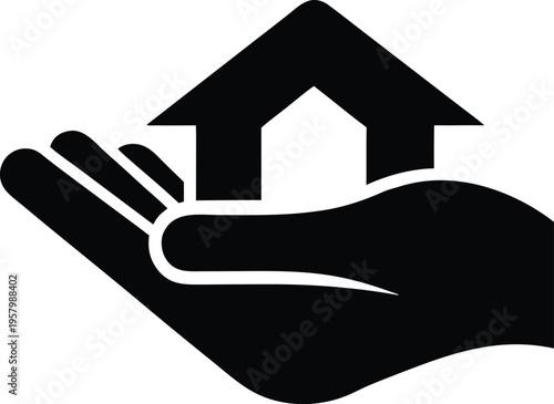 A minimalist black icon of a hand holding a house representing real estate protection and safety