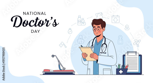 Illustration of a professional doctor in a white coat reviewing documents on National Doctor's Day with a stethoscope and medical equipment nearby in a hospital setting with a blue and
