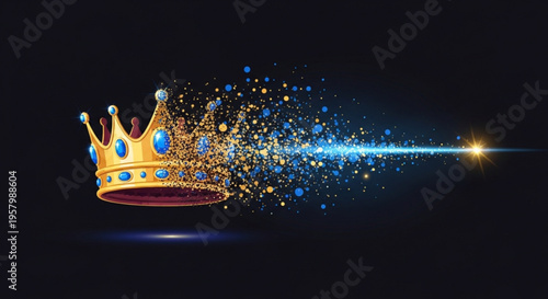 Golden crown with blue jewels and sparkling particles on black background symbolizing royalty and luxury
