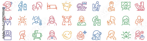 A diverse vector icon sheet for health symptoms, featuring numerous medical icons. This comprehensive vector icon sheet provides a practical vector sheet for illustrating illness and wellness