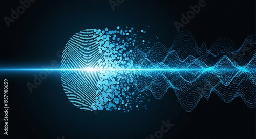 Glowing blue waveform with particle explosion on dark background representing digital technology and data transmission