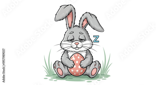Cartoon bunny sitting with a pink polka dot Easter egg
