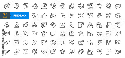 Feedback Outline Icon Collection. Thin Line Set contains such Icons as Rating, Testimonials, Quick Response, Satisfaction and more. Simple web icons set.