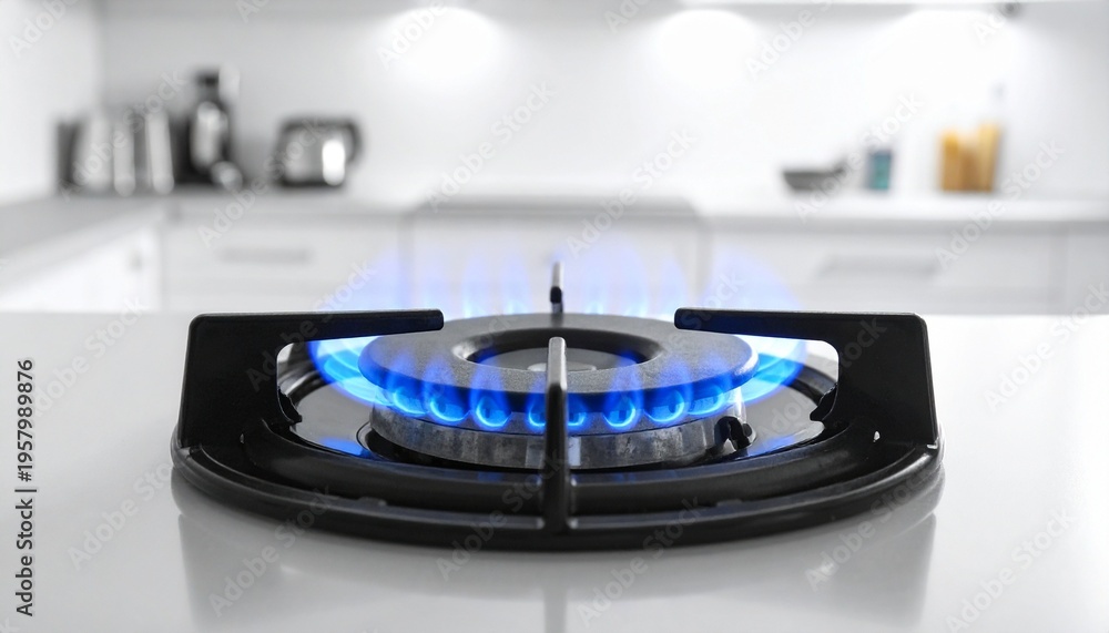 Fototapeta premium Blue flames burning on clean gas stove kitchen burner surface