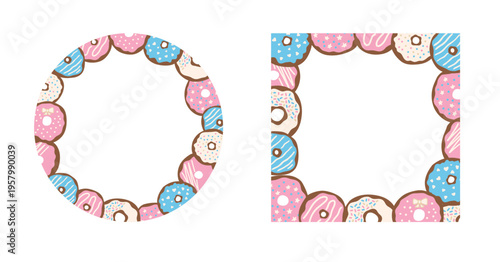 Bright cartoon donuts with icing, glaze and candy sprinkles forming playful border. Perfect donut frame for birthday invitations, menus and festive designs.